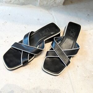 Y2K Square Toe Slide‎ Sandals Black White Trim Size 7.5 LOFT Ann Taylor